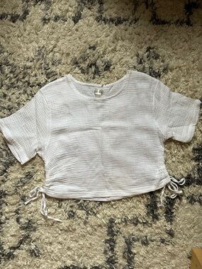 White Boxy Textured Cotton Top with Tie Detail